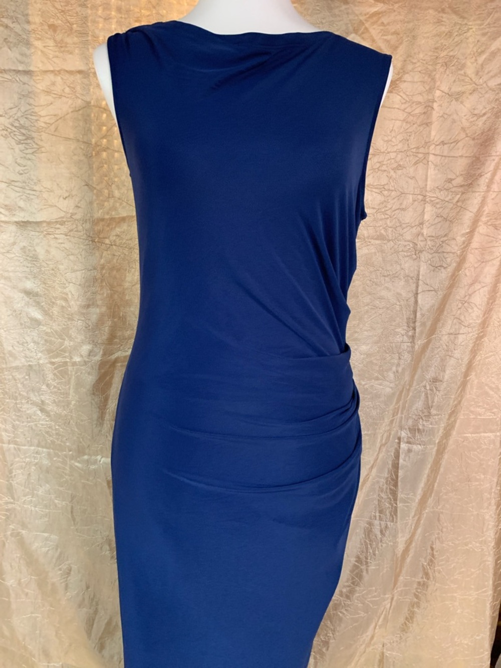 Sleeveless Navy Midi Sheath Dress with Side Drape